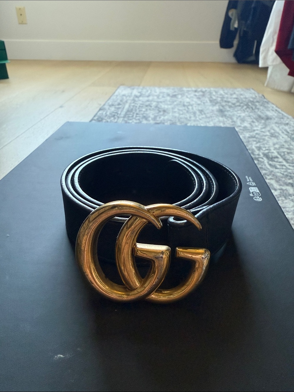 Gucci Black Leather Belt with Gold Double G Buckle